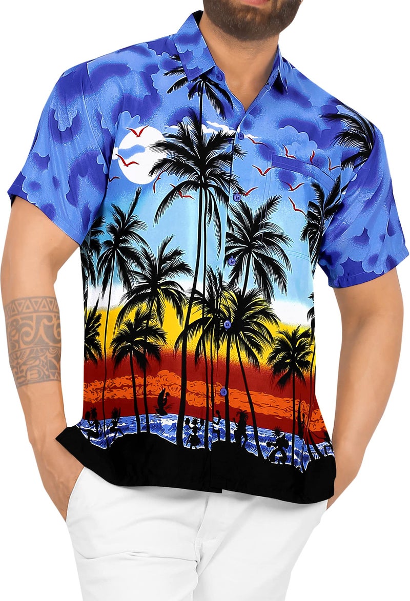 LA LEELA Men's Hawaiian Shirts Short Sleeve Button Down Shirt Mens Hawaii Shirts Boho Holiday Casual Beach Shirts for Men Funny XL Palm Tree, Blue - Image 1